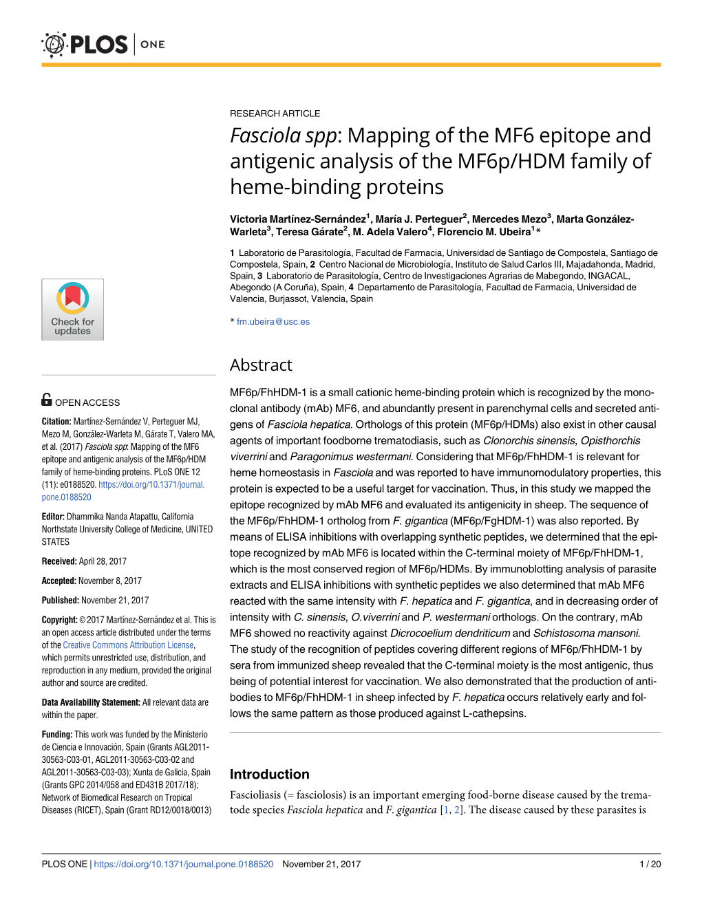 Fasciola Spp: Mapping of the MF6 Epitope and Antigenic Analysis of the Mf6p/HDM Family of Heme-Binding Proteins