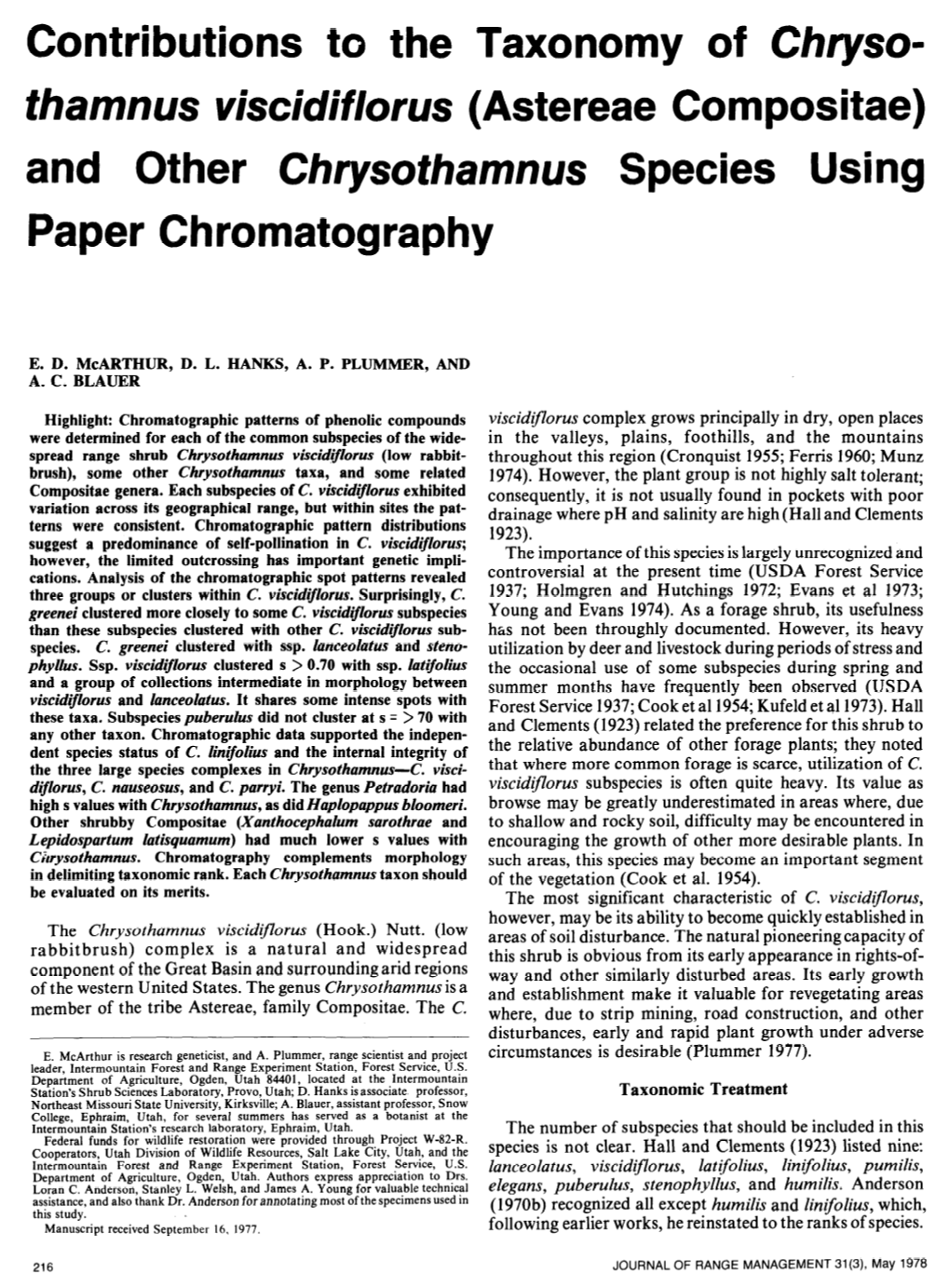 Astereae Compositae) and Other Chrysothamnus Species Using Paper Chromatography