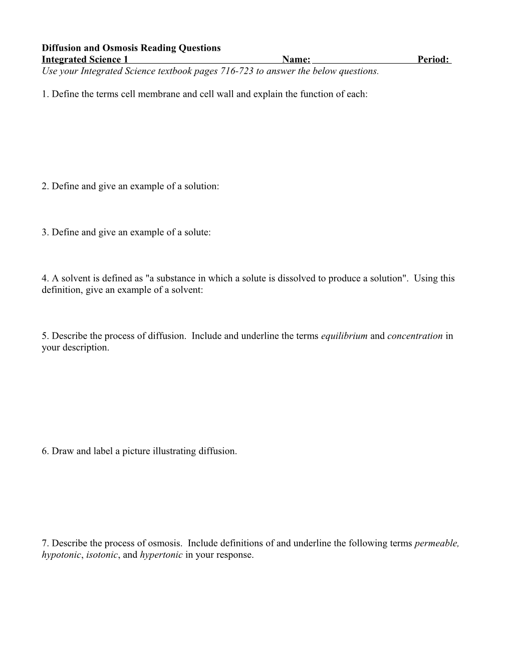 Diffusion and Osmosis Reading Questions