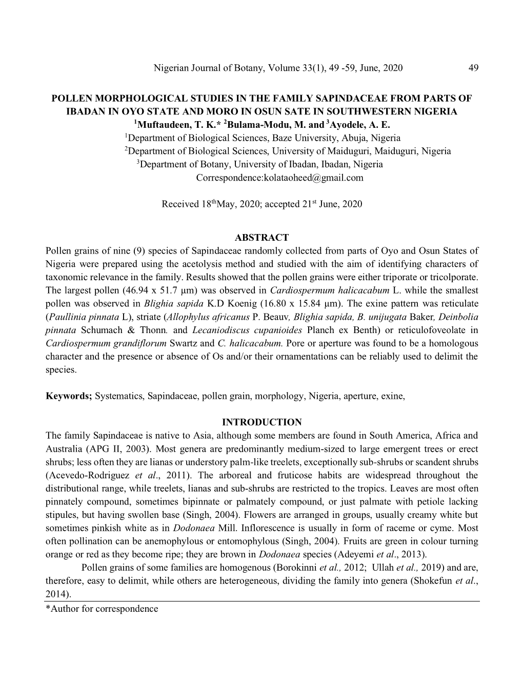 Nigerian Journal of Botany, Volume 33(1), 49 -59, June, 2020 49