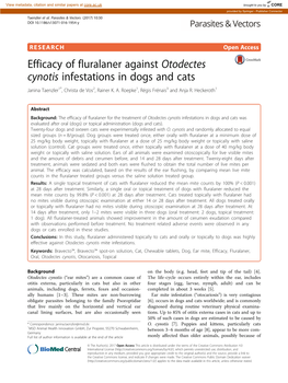 Efficacy of Fluralaner Against Otodectes Cynotis Infestations in Dogs and Cats Janina Taenzler1*, Christa De Vos2, Rainer K