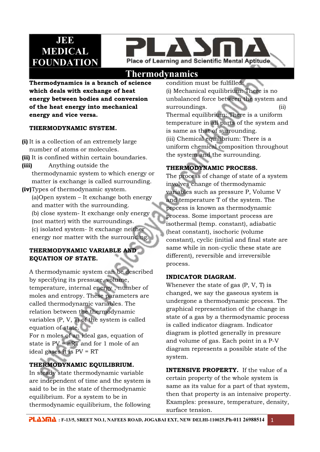 JEE MEDICAL FOUNDATION Thermody Thermodynamics