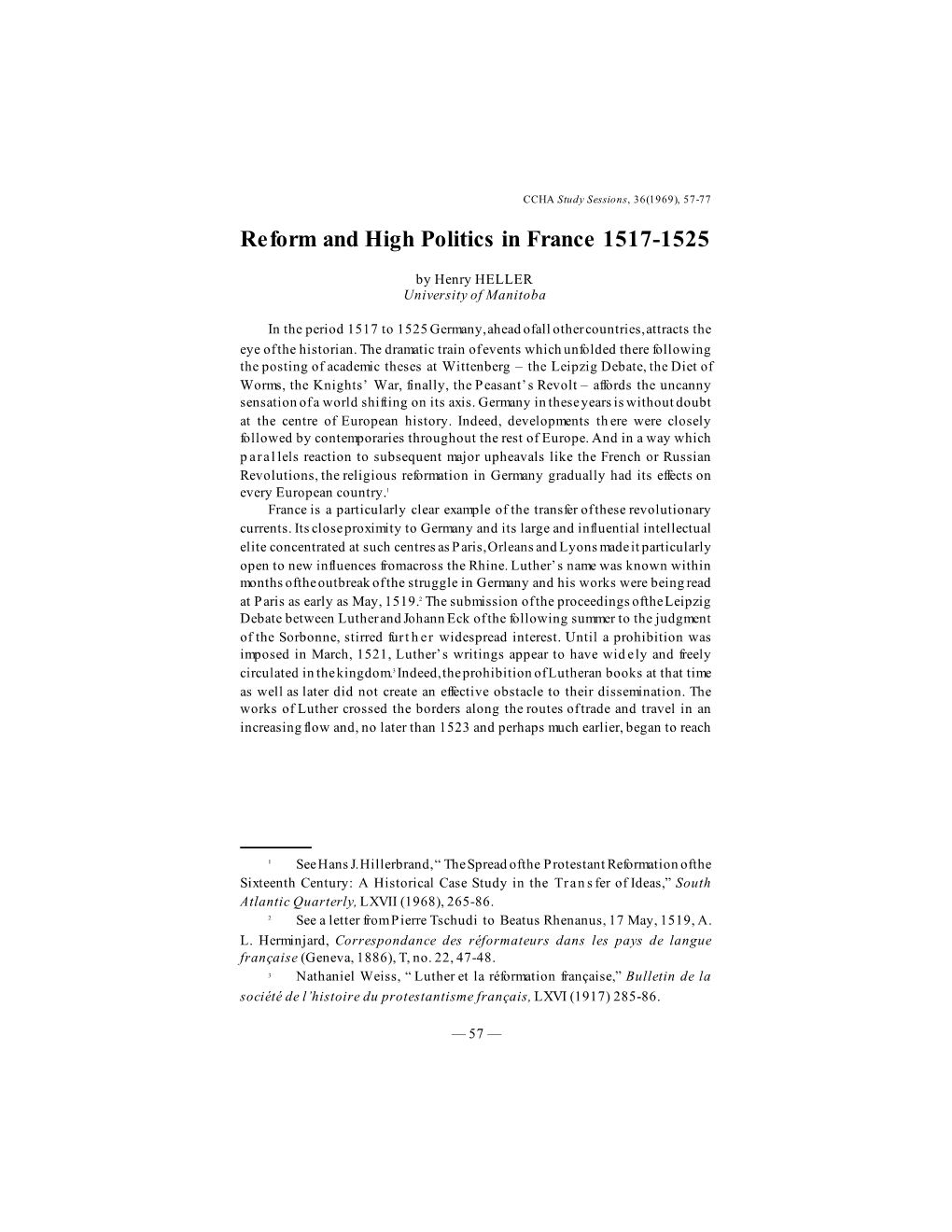 Reform and High Politics in France 1517-1525