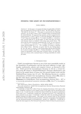 Arxiv:1902.06658V2 [Math.LO] 5 Apr 2020 H Rtodrter Omnykona En Arithmetic)