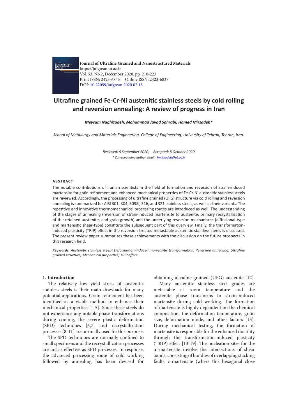 Ultrafine Grained Fe-Cr-Ni Austenitic Stainless Steels by Cold Rolling and Reversion Annealing: a Review of Progress in Iran