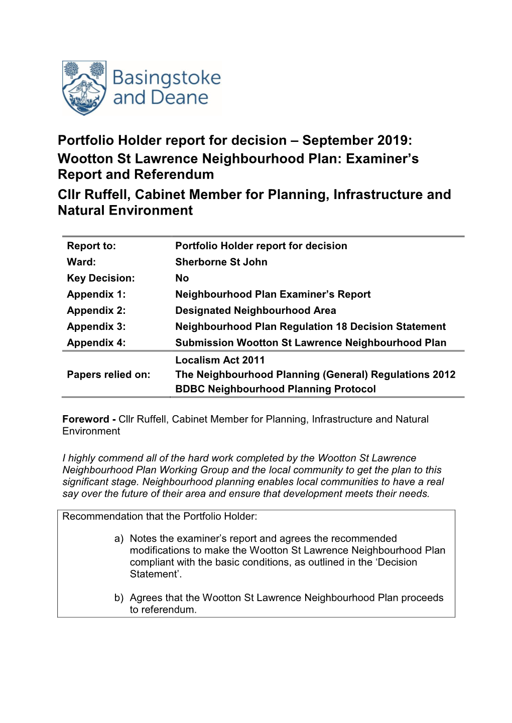 Wootton St Lawrence Neighbourhood Plan: Examiner’S Report and Referendum Cllr Ruffell, Cabinet Member for Planning, Infrastructure and Natural Environment