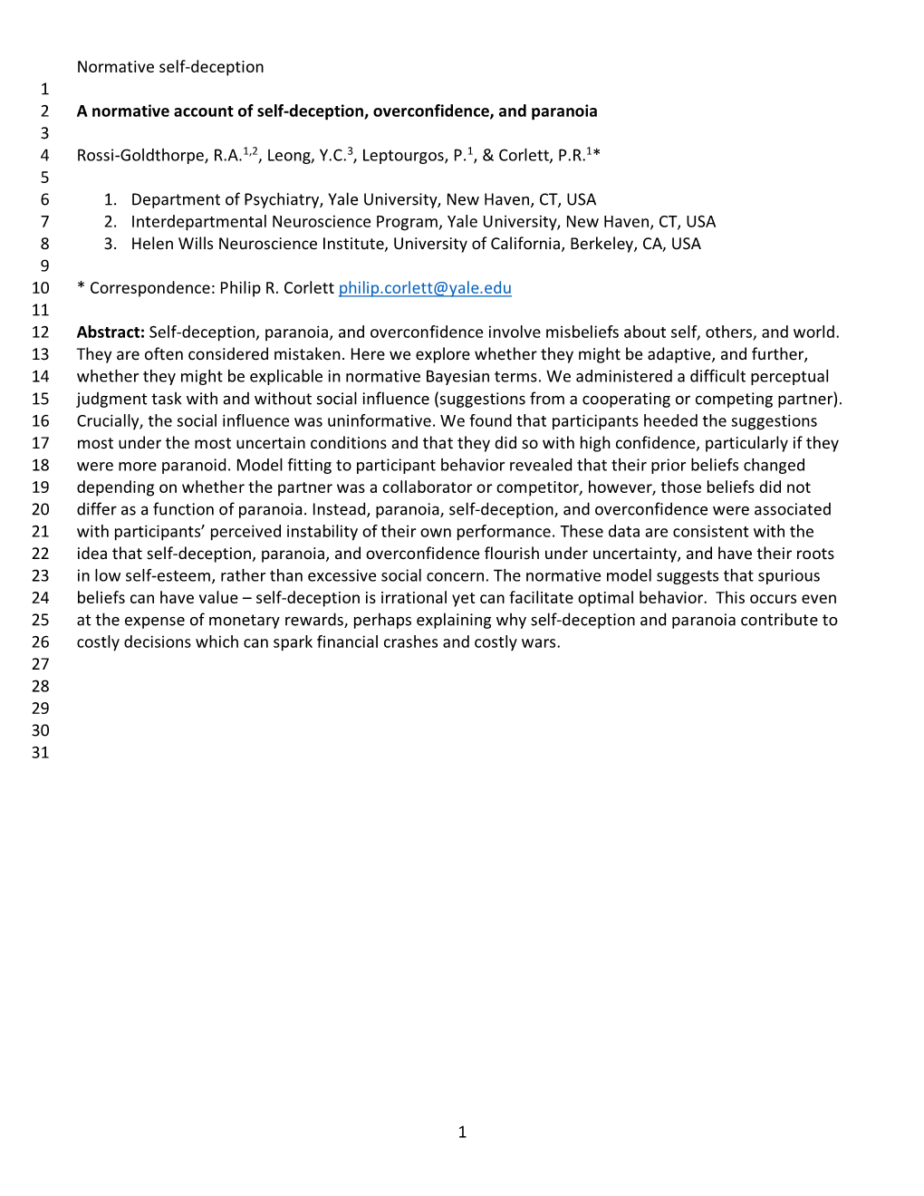 Normative Self-Deception 1 1 a Normative Account of Self-Deception, Overconfidence, and Paranoia 2 3 Rossi-Goldthorpe, R.A.1,2