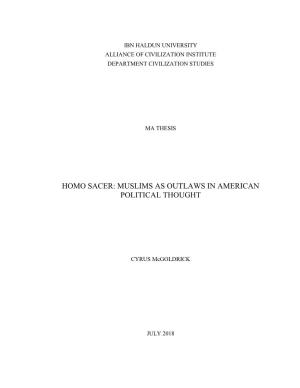 Homo Sacer: Muslims As Outlaws in American Political Thought