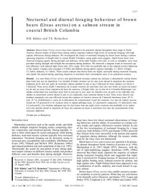 Nocturnal and Diurnal Foraging Behaviour of Brown Bears (Ursus Arctos) on a Salmon Stream in Coastal British Columbia