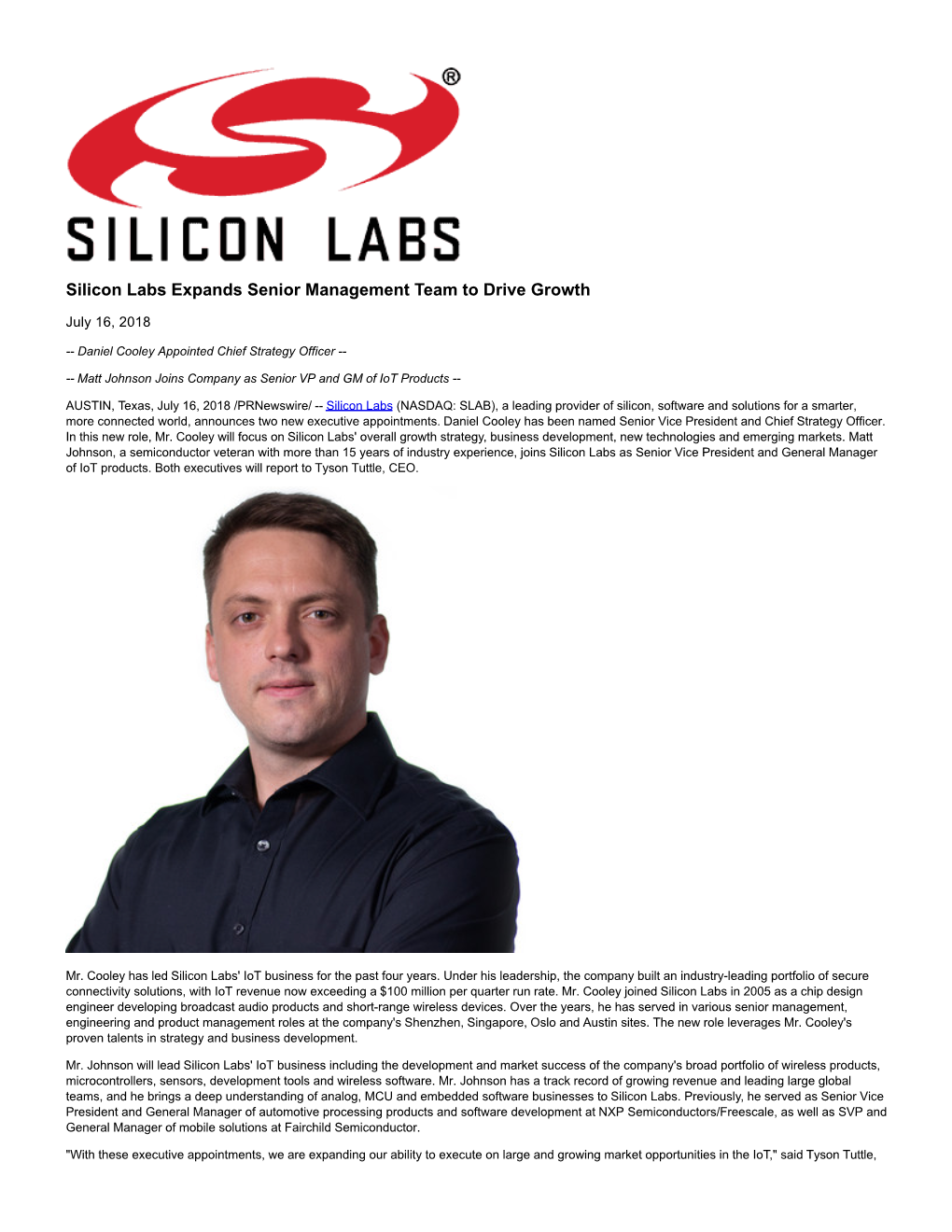 Silicon Labs Expands Senior Management Team to Drive Growth