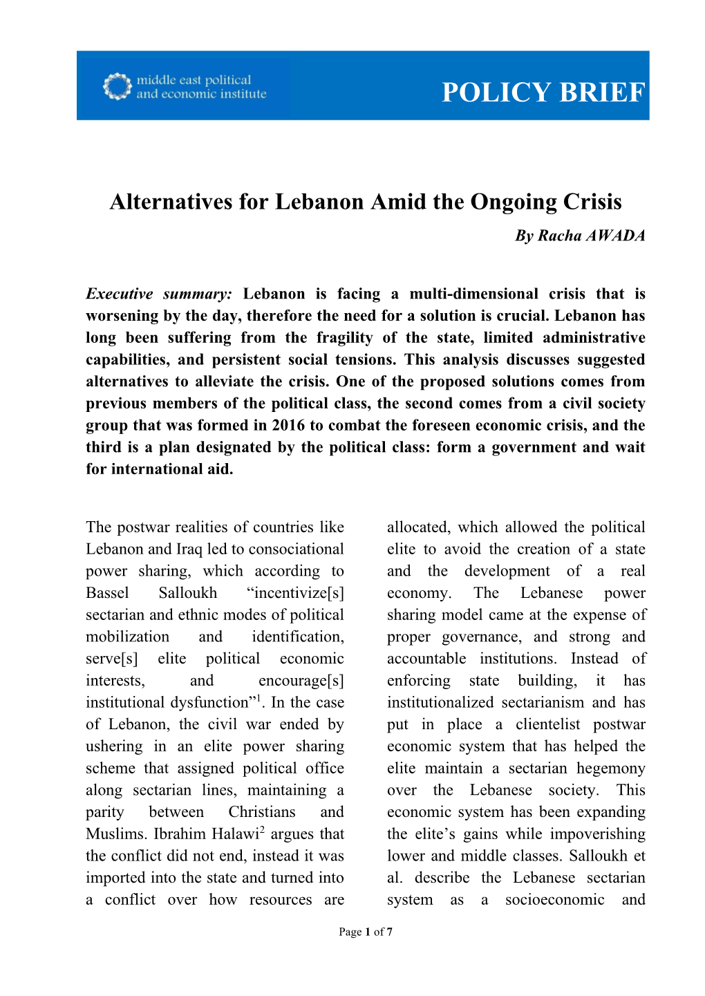 Alternatives for Lebanon Amid the Ongoing Crisis by Racha AWADA