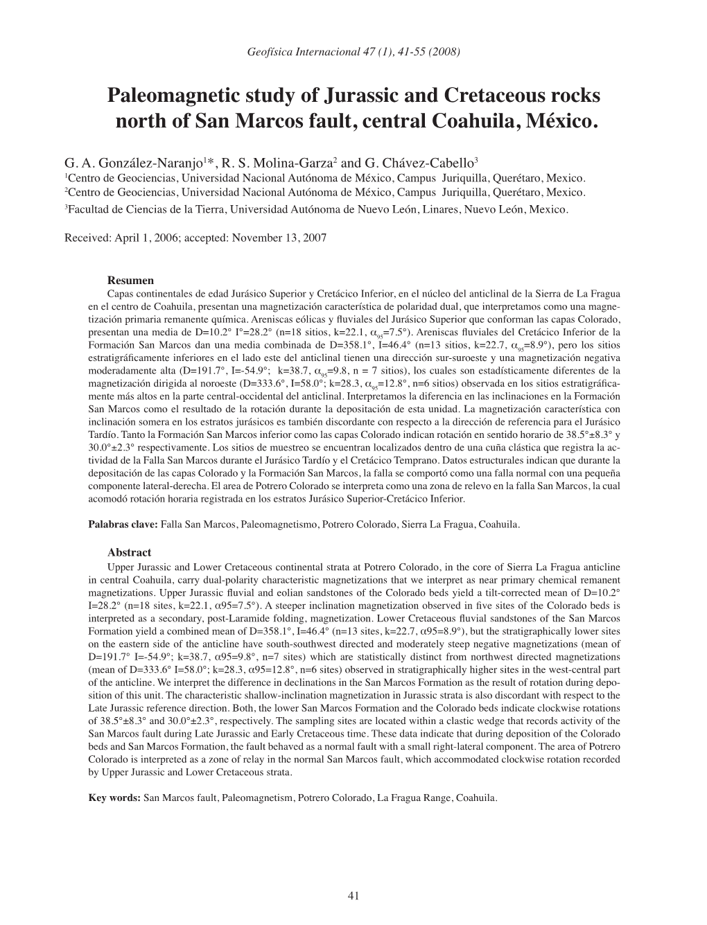 Paleomagnetic Study of Jurassic and Cretaceous Rocks North of San Marcos Fault, Central Coahuila, México