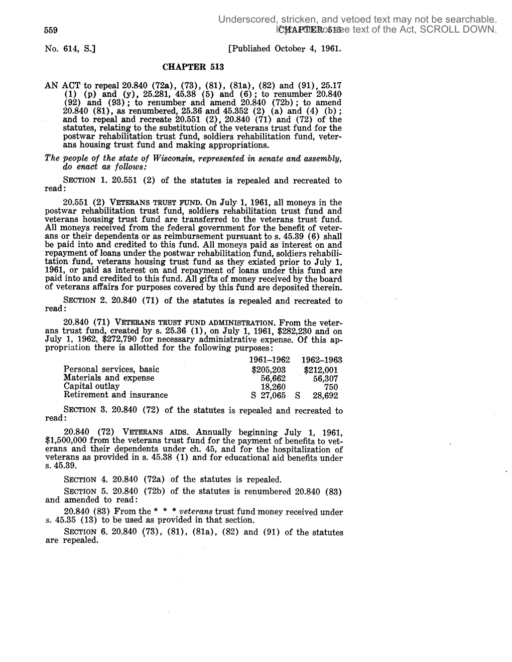 Published October 4, 1961. CHAPTER 513 an ACT to Repeal 20.840 (72A