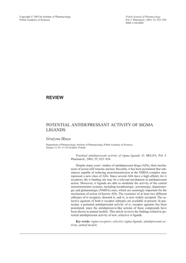 Potential Antidepressant Activity of Sigma Ligands