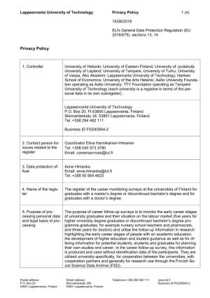 Lappeenranta University of Technology Privacy Policy 1 (4)