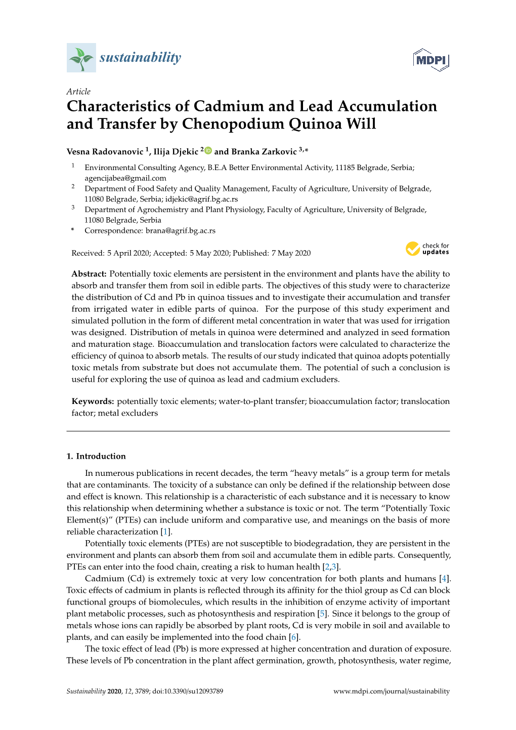 Characteristics of Cadmium and Lead Accumulation and Transfer by Chenopodium Quinoa Will