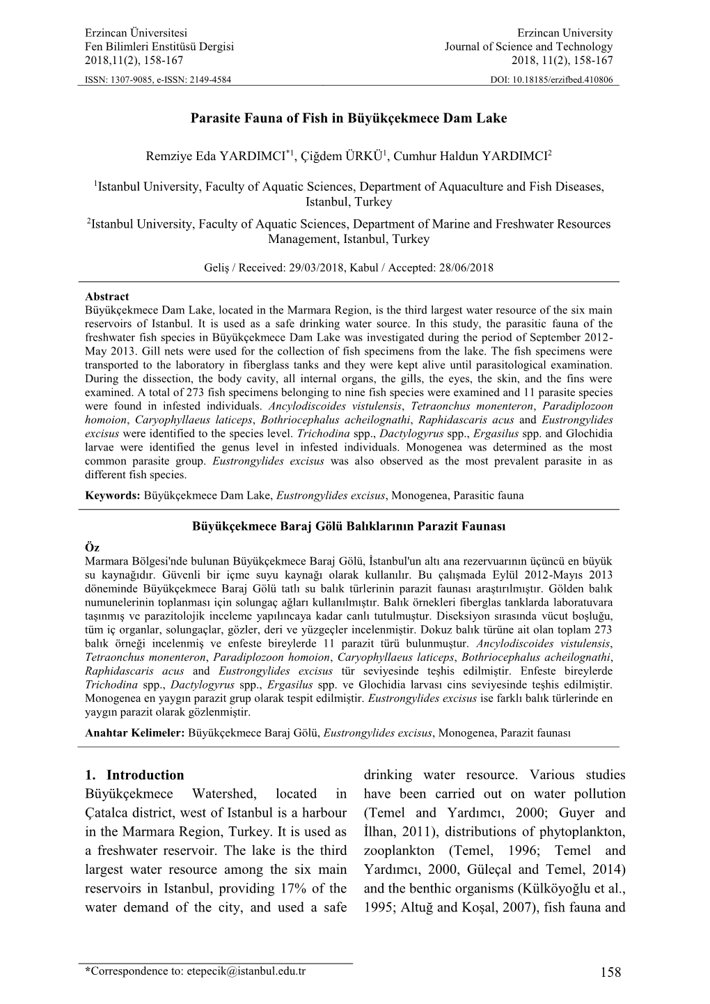 158 Parasite Fauna of Fish in Büyükçekmece Dam Lake 1