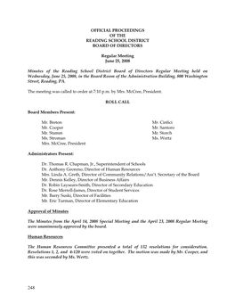 Official Proceedings of the Reading School District Board of Directors
