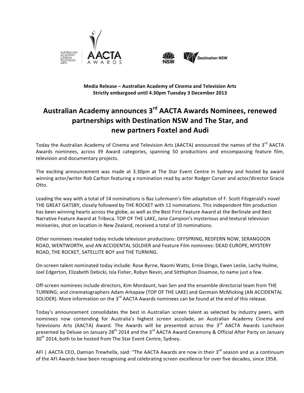 Australian Academy Announces 3Rd AACTA Awards Nominees, Renewed Partnerships with Destination NSW and the Star, and New Partners Foxtel and Audi