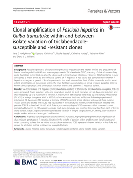 Clonal Amplification of Fasciola Hepatica in Galba Truncatula: Within and Between Isolate Variation of Triclabendazole- Susceptible and -Resistant Clones Jane E