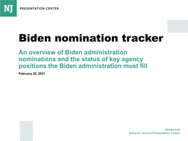 Biden Nomination Tracker an Overview of Biden Administration Nominations and the Status of Key Agency Positions the Biden Administration Must Fill February 25, 2021