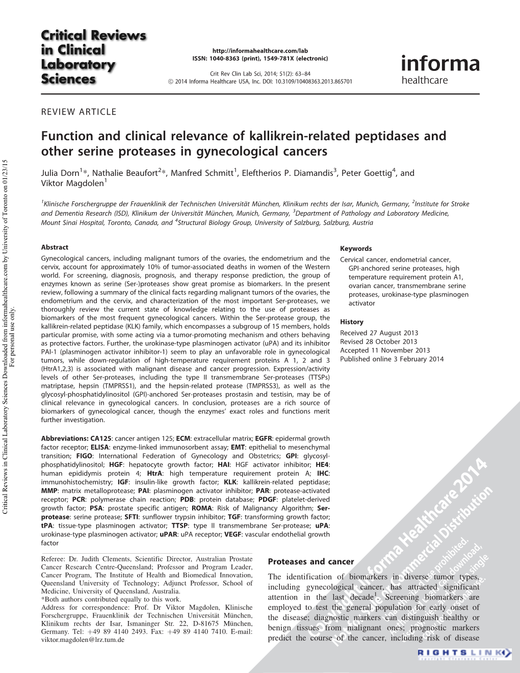 Function and Clinical Relevance of Kallikrein-Related Peptidases and Other Serine Proteases in Gynecological Cancers