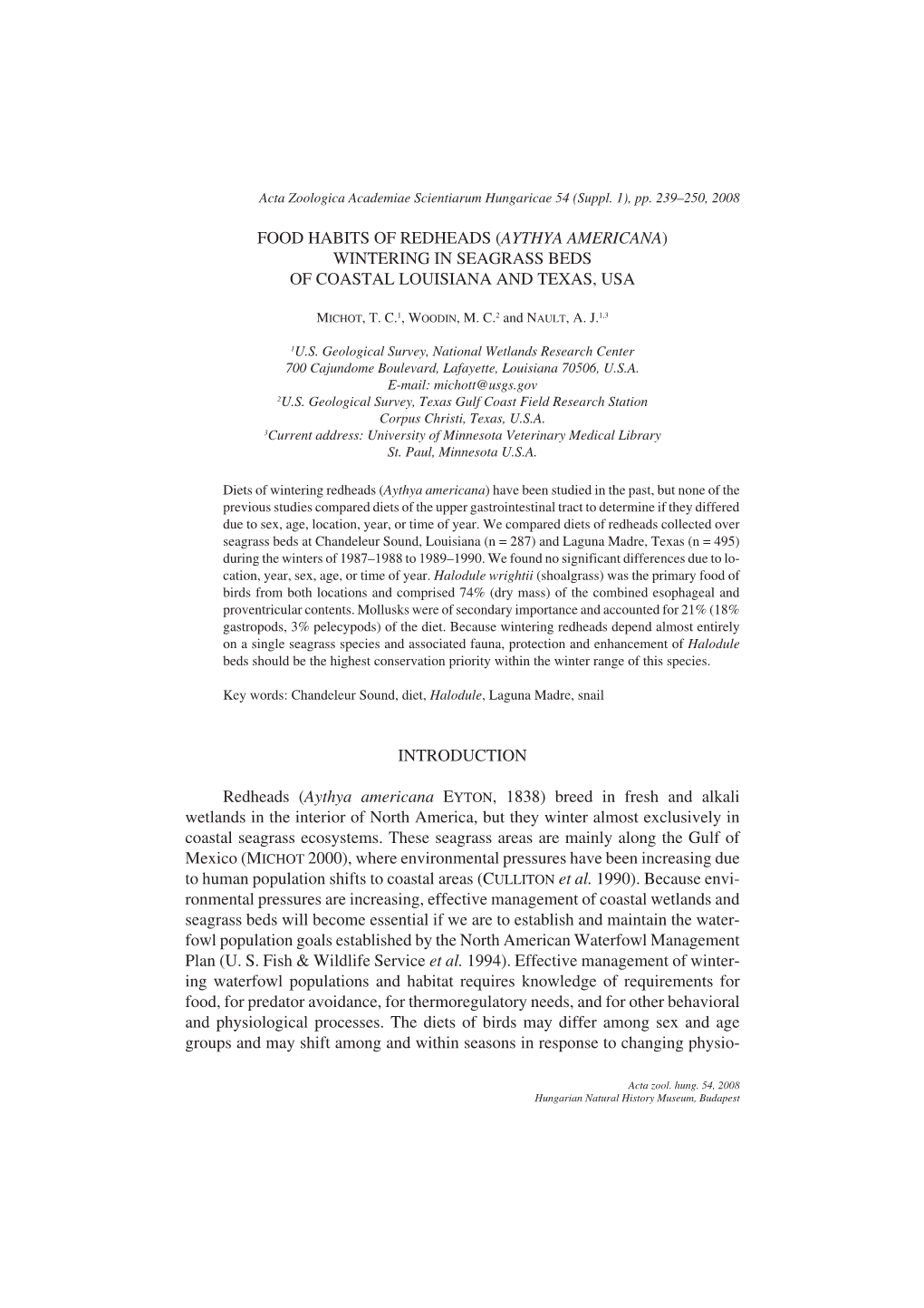 Food Habits of Redheads (Aythya Americana) Wintering in Seagrass Beds of Coastal Louisiana and Texas, Usa