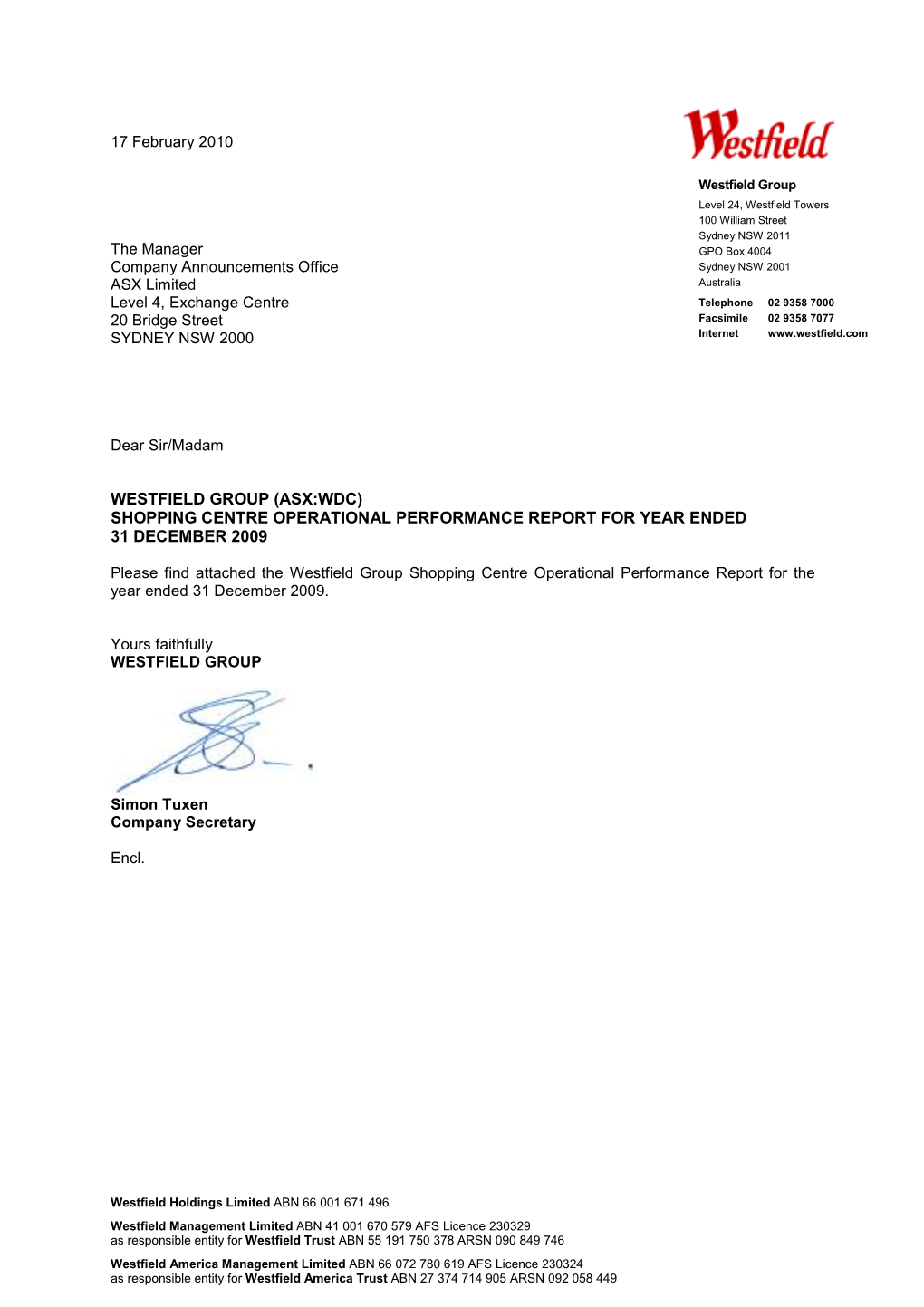 Westfield Group (Asx:Wdc) Shopping Centre Operational Performance Report for Year Ended 31 December 2009