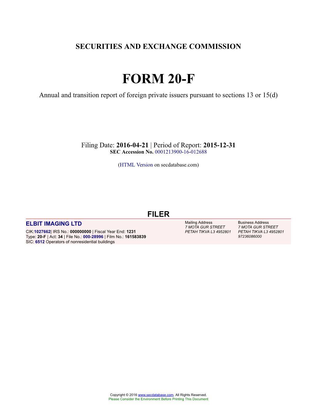 ELBIT IMAGING LTD Form 20-F Filed 2016-04-21