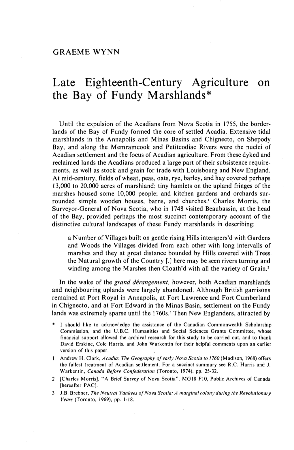 Late Eighteenth-Century Agriculture on the Bay of Fundy Marshlands*