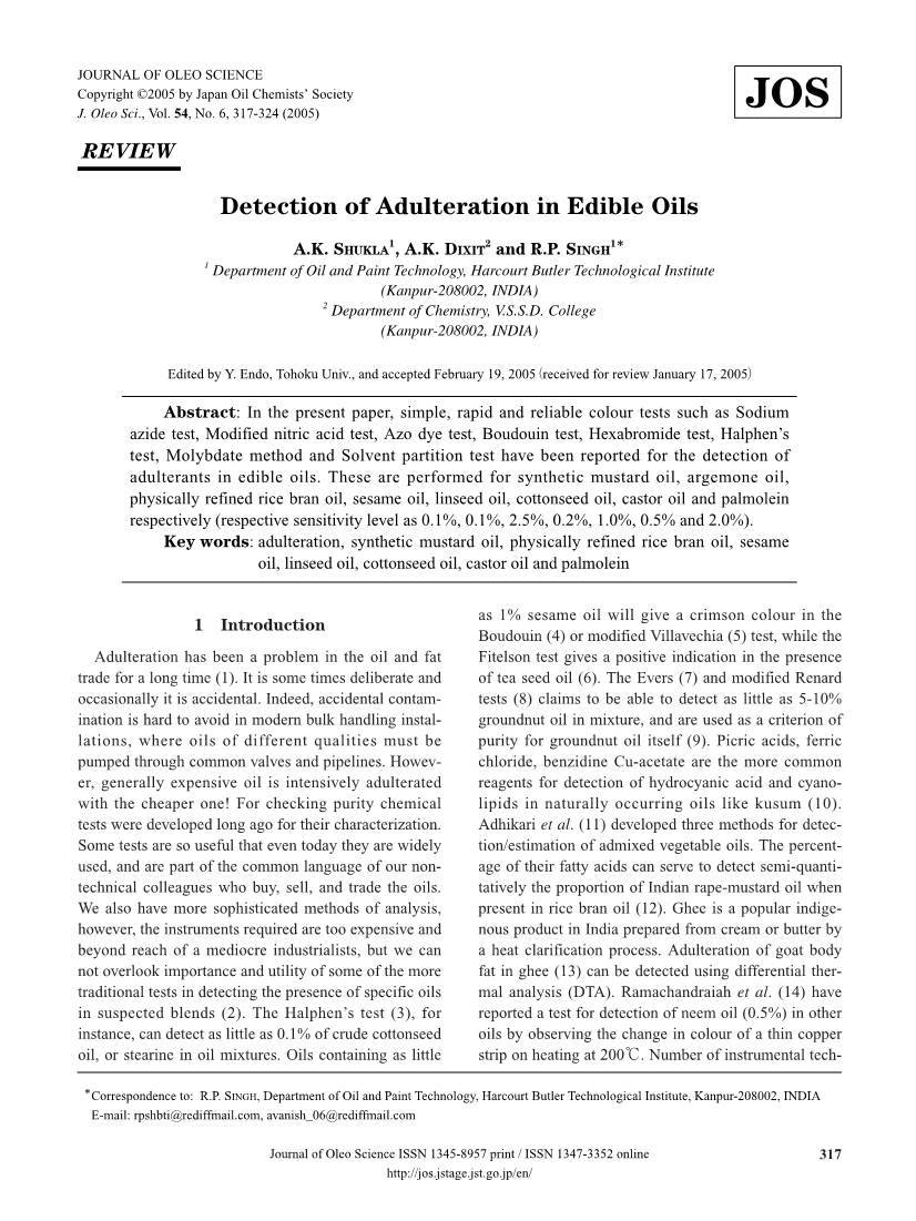 Detection of Adulteration in Edible Oils