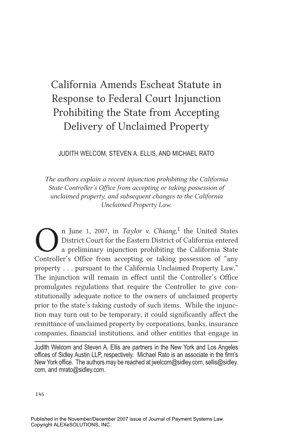 California Amends Escheat Statute in Response to Federal Court Injunction Prohibiting the State from Accepting Delivery of Unclaimed Property