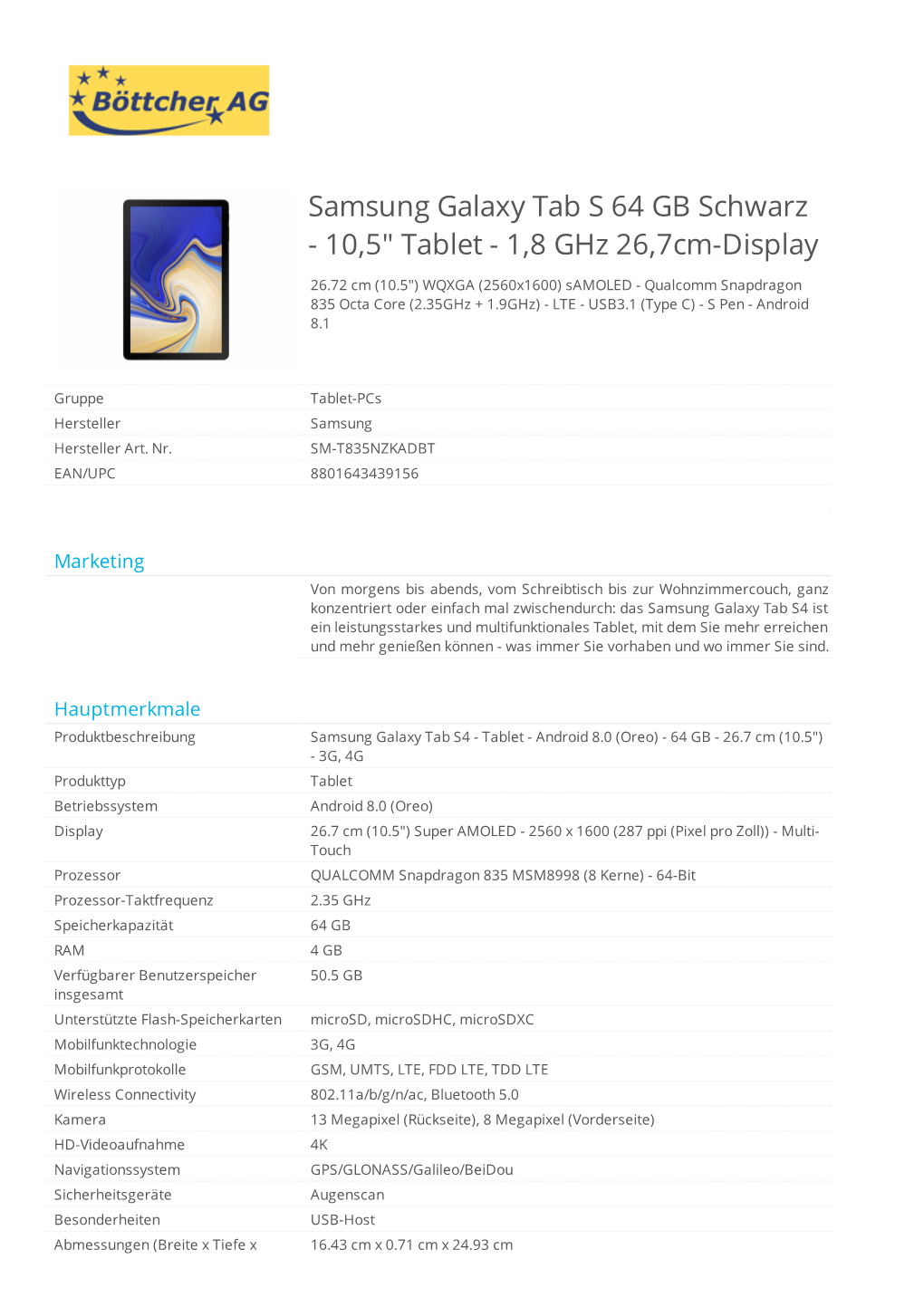 Samsung Galaxy Tab S 64 GB Schwarz - 10,5" Tablet - 1,8 Ghz 26,7Cm-Display