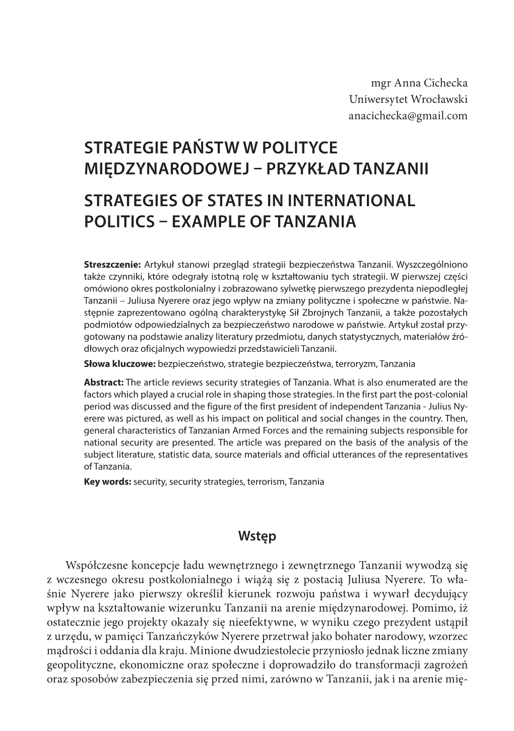 Strategie Państw W Polityce Międzynarodowej – Przykład Tanzanii Strategies of States in International Politics – Example of Tanzania