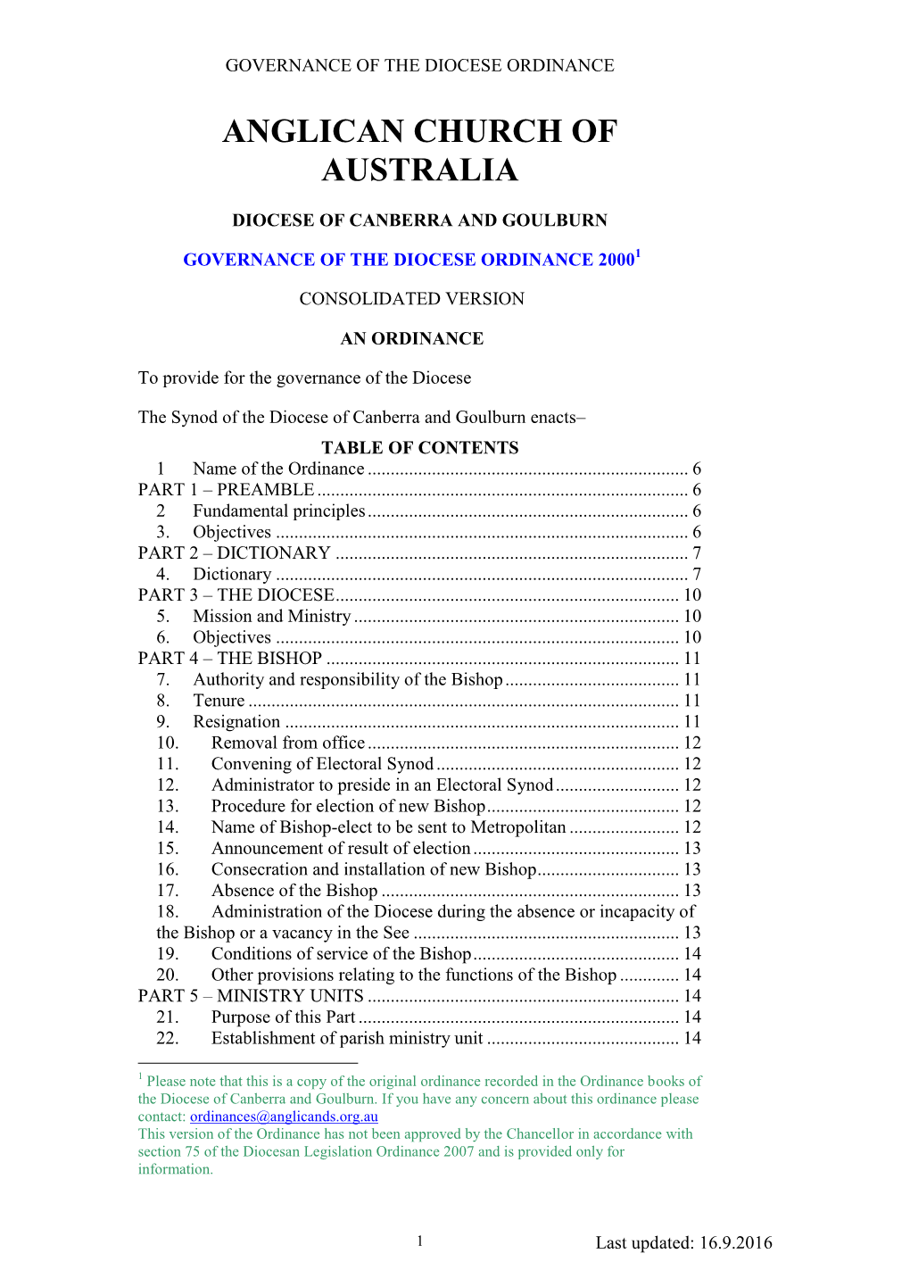 Governance of the Diocese Ordinance Consolidated