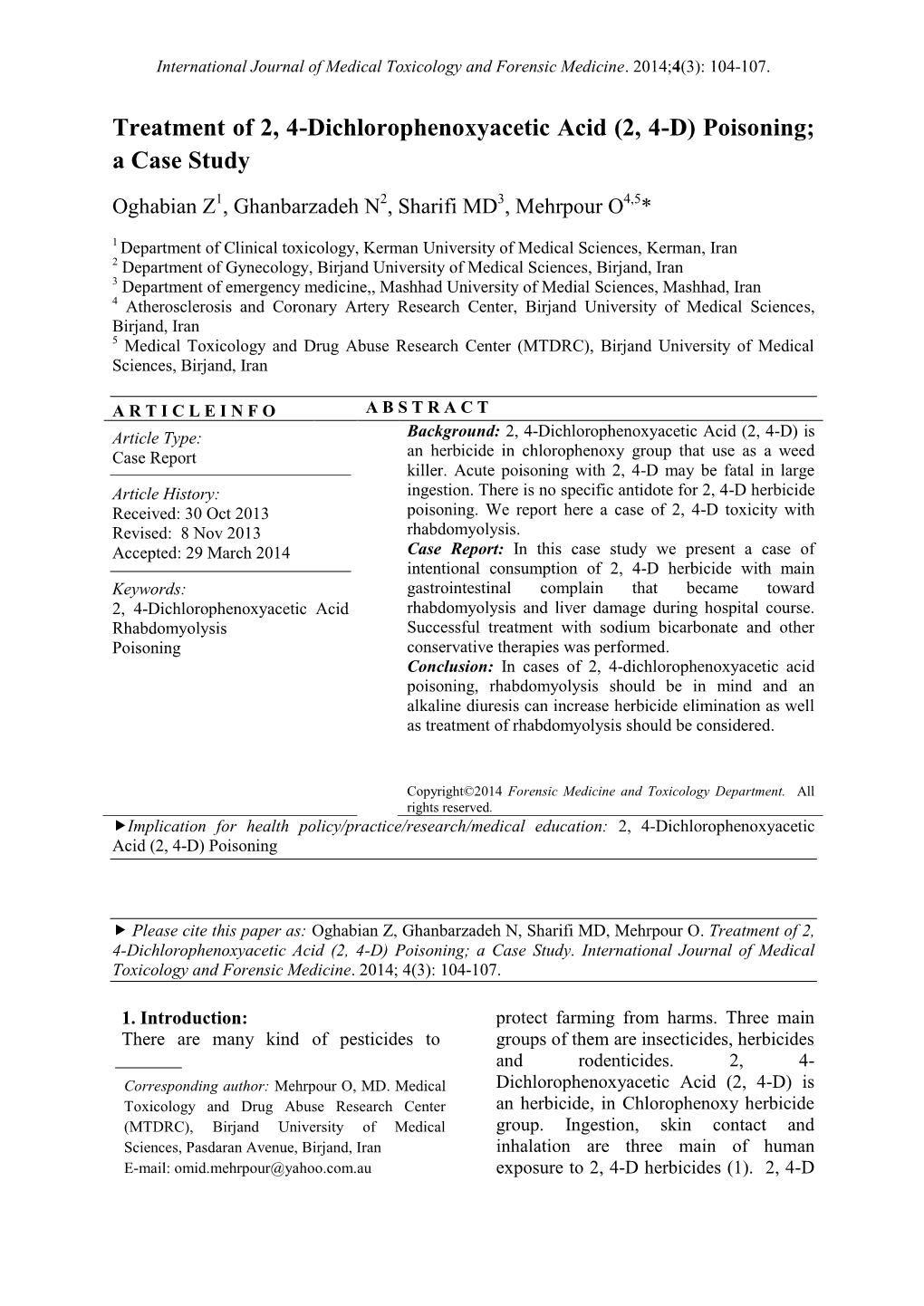 (2, 4-D) Poisoning; a Case Study