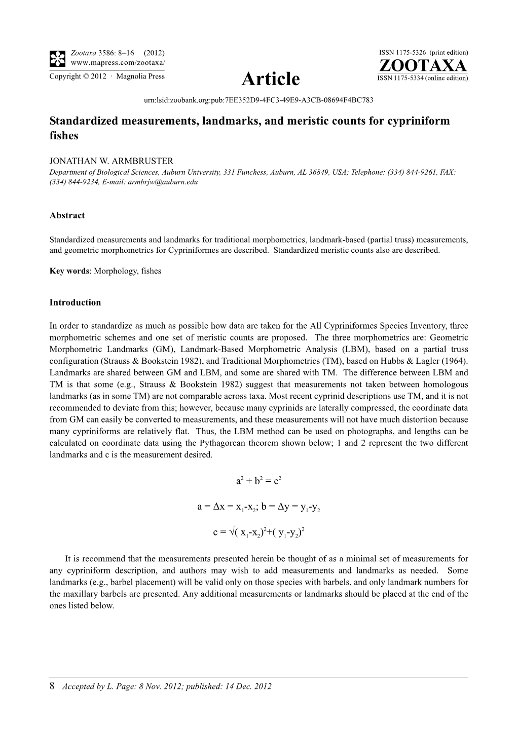 Standardized Measurements, Landmarks, and Meristic Counts for Cypriniform Fishes