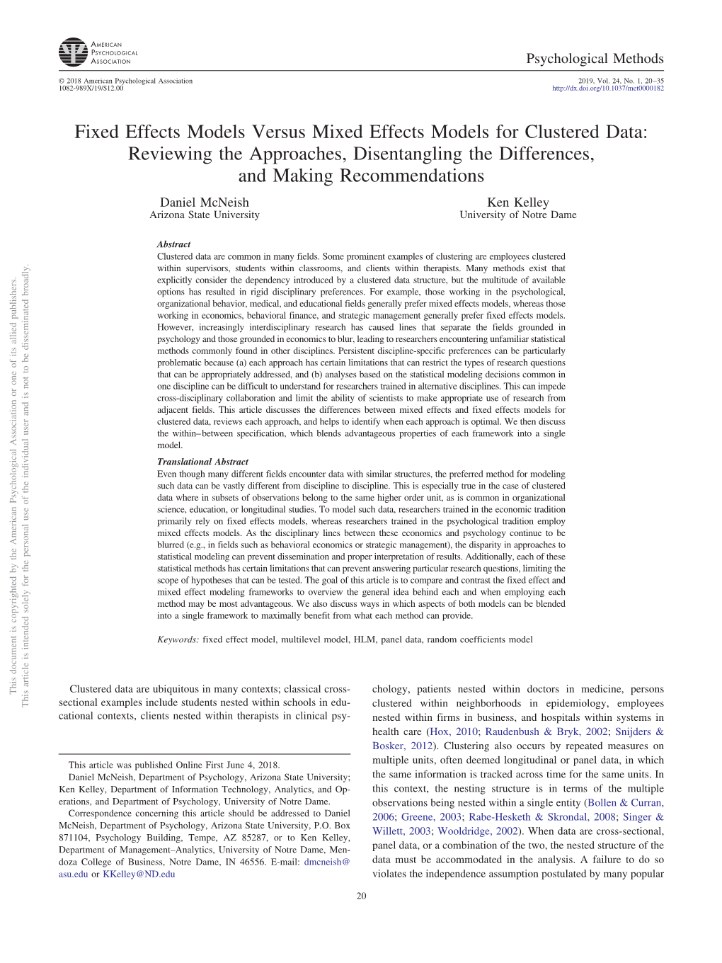 Fixed Effects Models Versus Mixed Effects Models for Clustered Data