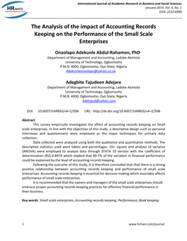 The Analysis of the Impact of Accounting Records Keeping on the Performance of the Small Scale Enterprises