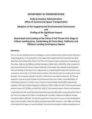 Iridium Landing Area, Vandenberg Air Force Base, California and Offshore Landing Contingency Option