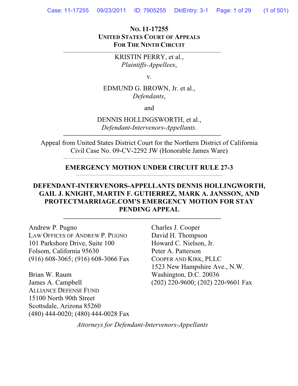 NO. 11-17255 KRISTIN PERRY, Et Al., Plaintiffs