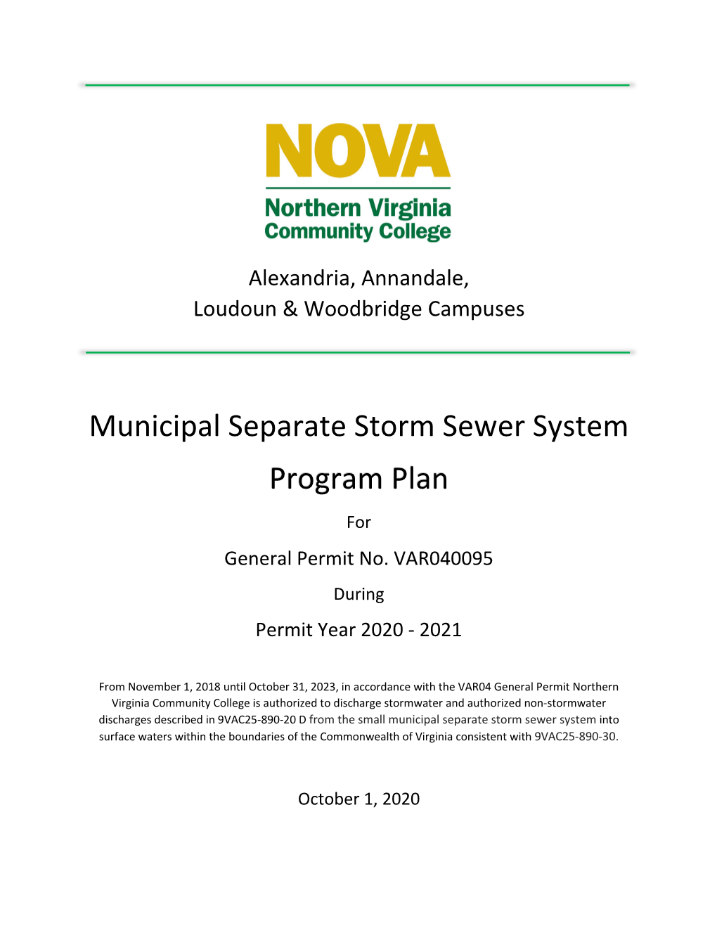 Municipal Separate Storm Sewer System Program Plan for General Permit No