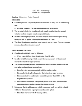 Meteorology Today, Chapter 8 GENERAL Cloud Droplets Are Very