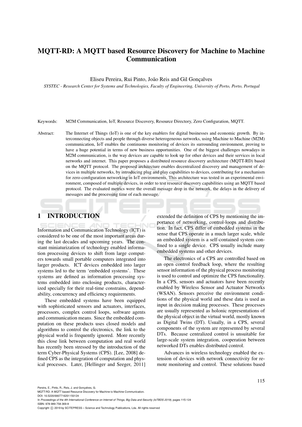 MQTT-RD: a MQTT Based Resource Discovery for Machine to Machine Communication