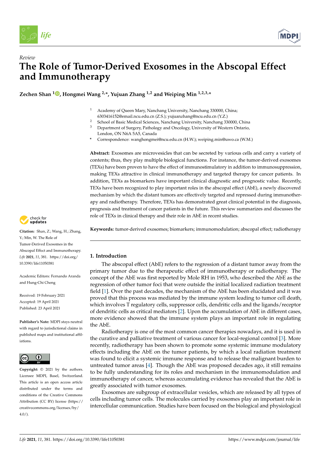 The Role of Tumor-Derived Exosomes in the Abscopal Effect and Immunotherapy