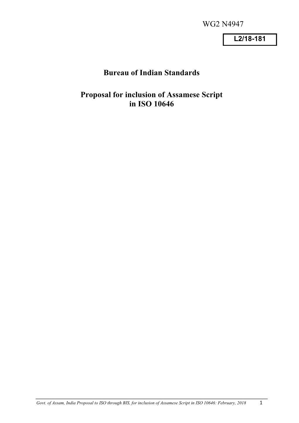 Bureau of Indian Standards Proposal for Inclusion of Assamese Script In