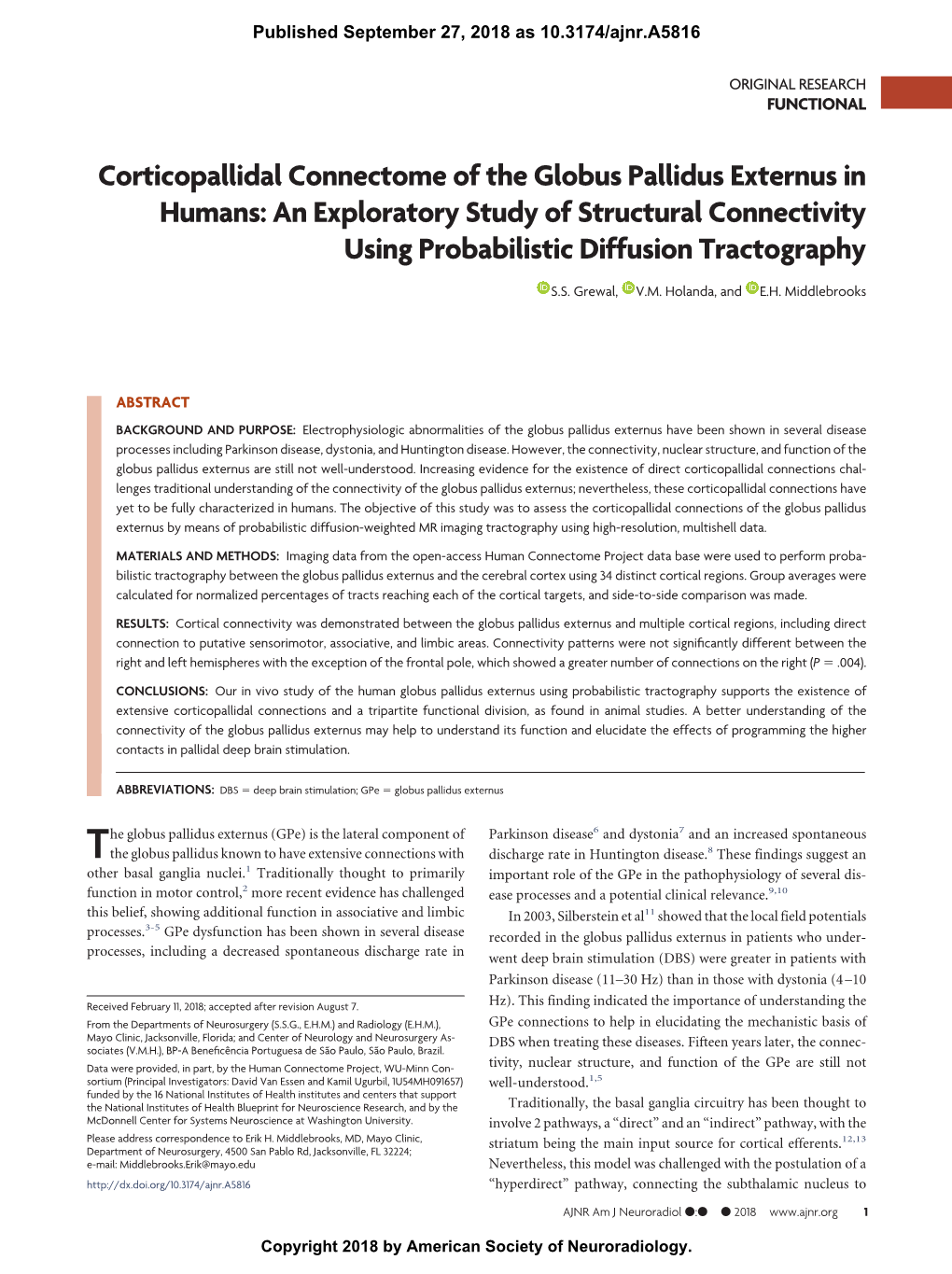 Corticopallidal Connectome of the Globus Pallidus Externus in Humans: an Exploratory Study of Structural Connectivity Using Probabilistic Diffusion Tractography