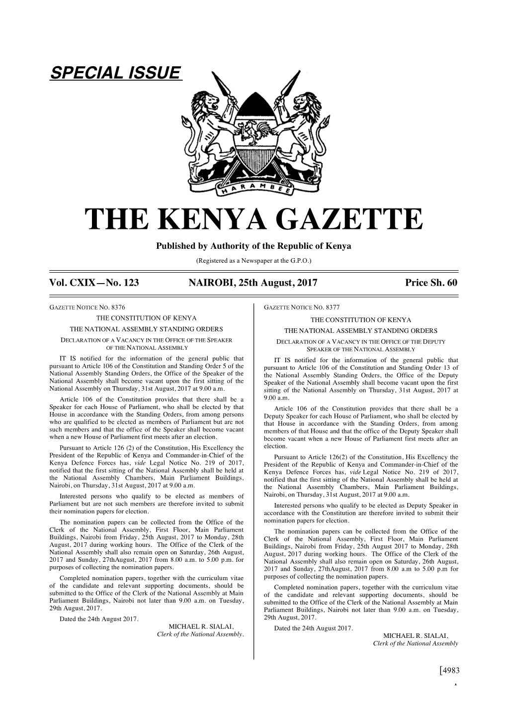 THE KENYA GAZETTE Published by Authority of the Republic of Kenya (Registered As a Newspaper at the G.P.O.)