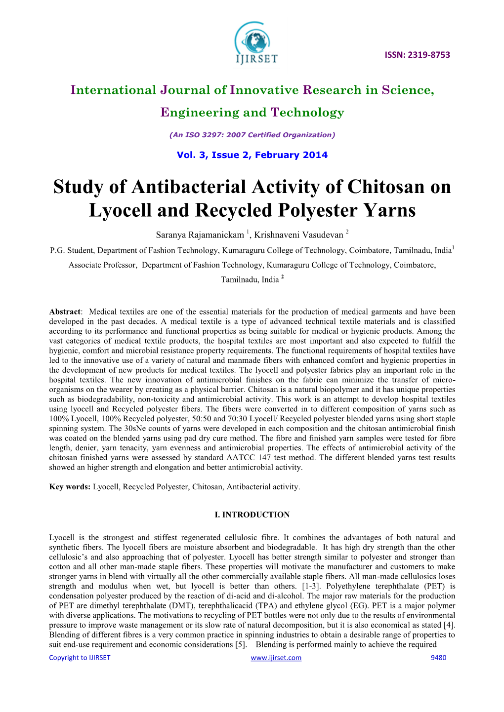 Study of Antibacterial Activity of Chitosan on Lyocell and Recycled Polyester Yarns