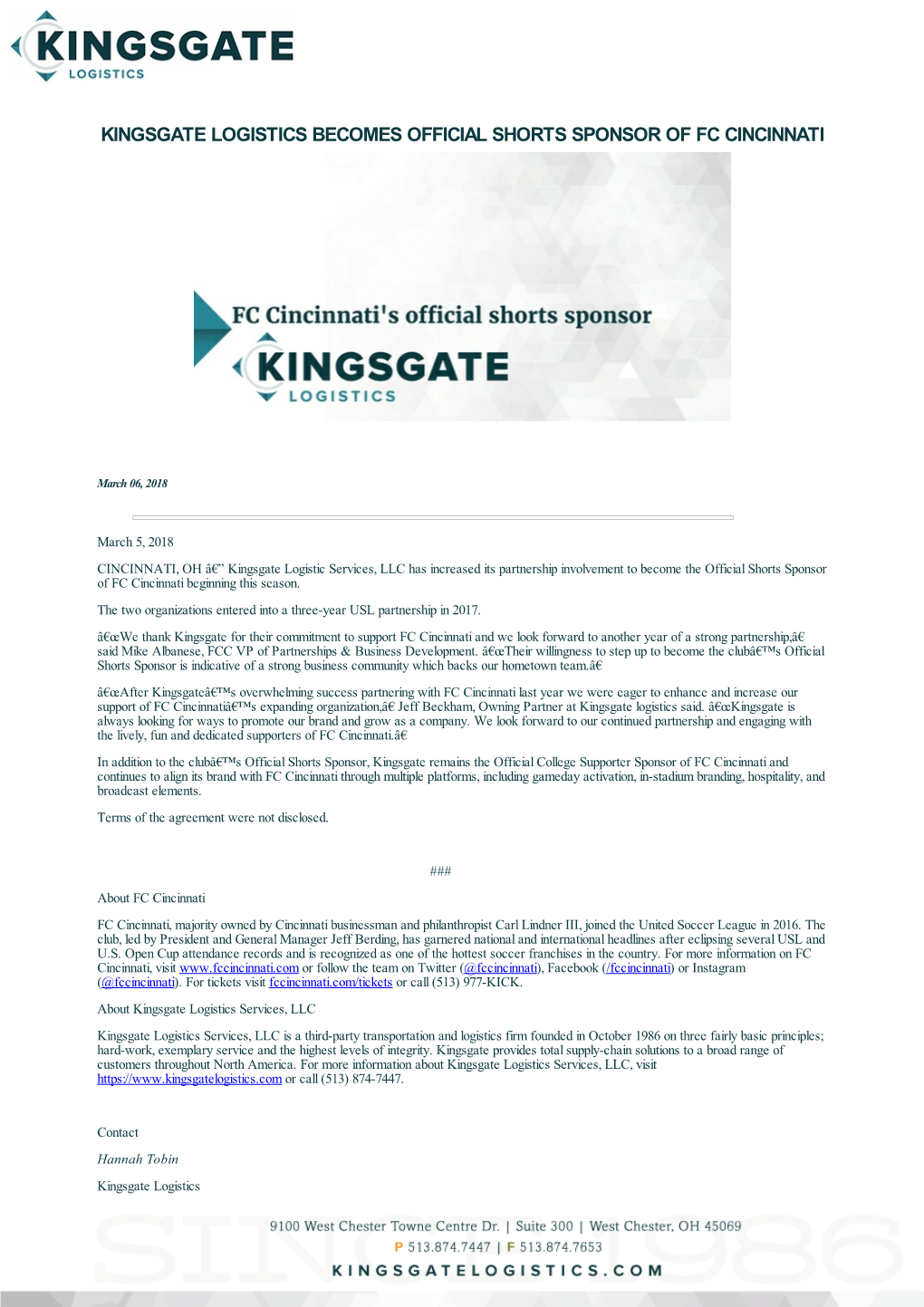 Kingsgate Logistics Becomes Official Shorts Sponsor of Fc Cincinnati